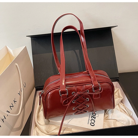 Damen Trendy Glänzende PU Umhängetasche Vintage Schnürung Schleife Design Einfache Casual Achselhöhle Tasche Mode Boston Handtasche