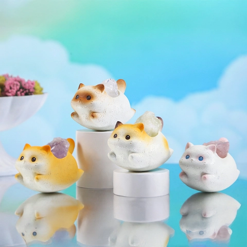 Resin Cat Figurine With Natural Crystal Stone Aromatherapy Diffuser Desktop Ornament Zen Monk Sculpture Home Decoration