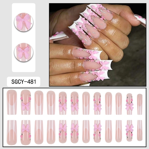 Uñas Postizas Largas Francesas Cuadradas Rosas Con Lazo 3D Flor Diamantes De Imitación Estilo Y2K Para Mujeres