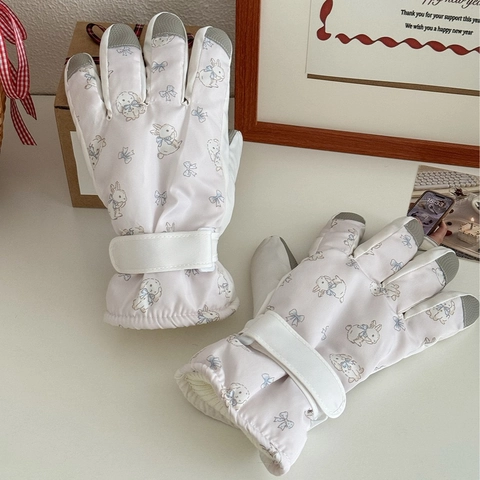 Guanti Da Sci Invernali Da Donna Nylon Gomma Spesso Caldo Antivento Touch Screen Coniglio Cartone Fiocco Equitazione All'Aperto