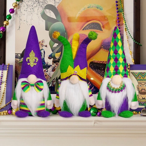 Gnomi Di Mardi Gras Peluche Bambola Senza Volto Ornamenti Viola Verde Oro Decorazioni Da Tavolo Per Feste