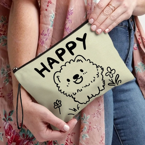 Borsa Trucco Multifunzionale In Lino Fine Stampa Cucciolo Cartone Animato Scritta Happy Organizzatore Da Toeletta Con Cinturino