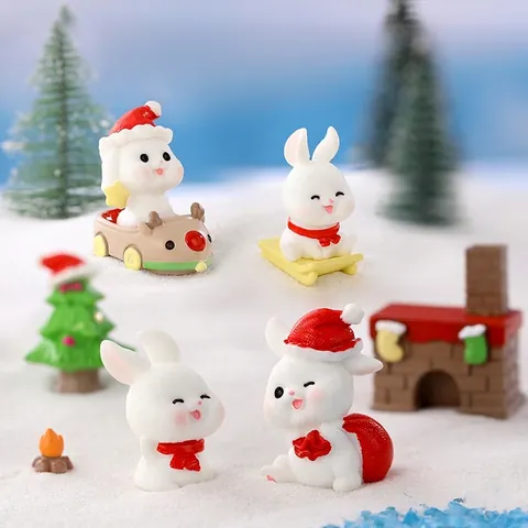 Mignon Noël Résine Lapin Miniature Figurine Cartoon Scène de Neige Bureau Voiture Ornement Fête Décor