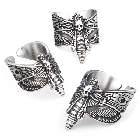 Gothic Death Moth Skull Ring Stainless Steel Vintage Silver Punk Rock Butterfly Wings Jewelry For Men Women Unisex