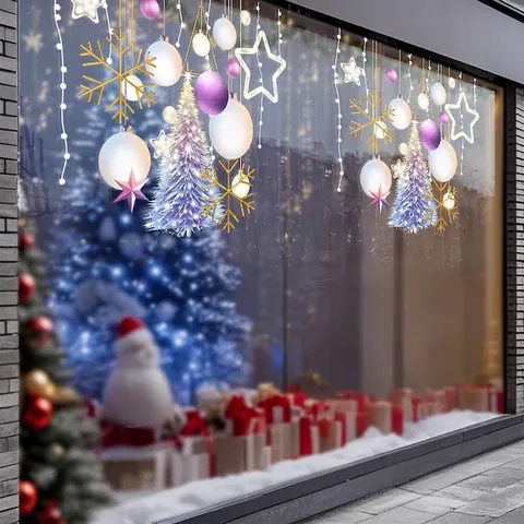Christmas Window Stickers PVC Static Adsorption Purple Gold Tree Snowflake Stars No Glue Reusable Double Sided Shop Decor