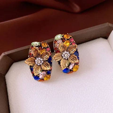 Vintage Barock Blumen Ohrstecker Legierung Bunte Strasssteine Mit Kunstperle Und Silber Ohrringstecker Für Damen Luxus