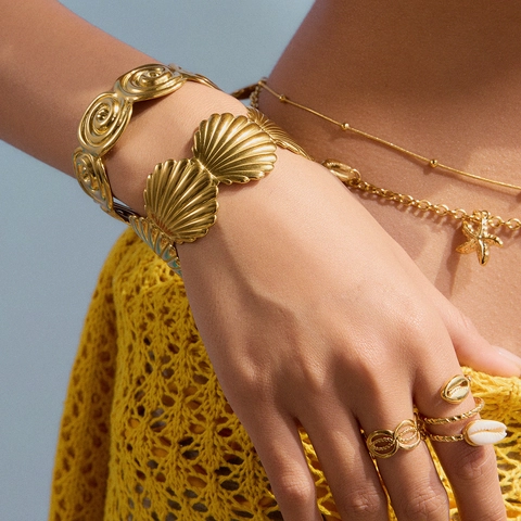 Bracciale Rigido Conchiglia Acciaio Inossidabile Texture Vortice Impermeabile Ipoallergenico Gioielli Spiaggia Boho Per Donne