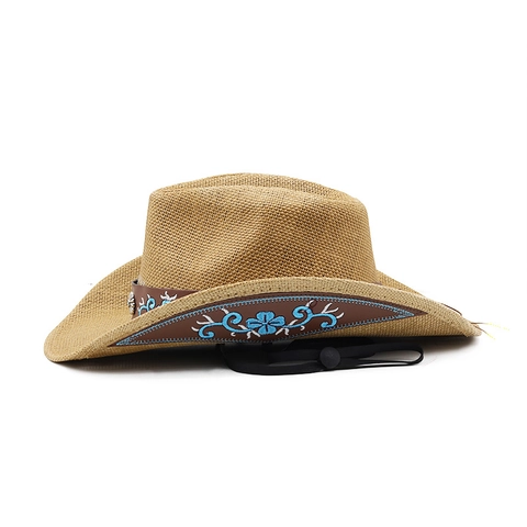 Sombrero De Vaquero De Paja Ala Ancha Protección Solar Retro Étnico Bordado Floral Banda Cuero Cuerda Viento Verano