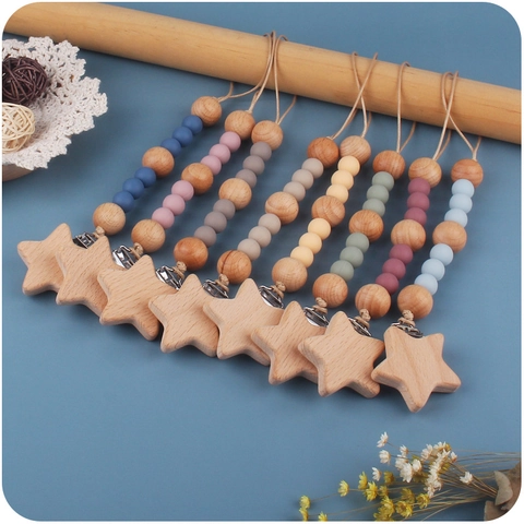 Baby Pacifier Clip Chain Star Beech Wood Silicone Beads Soother Holder Anti-Drop Strap For Infants