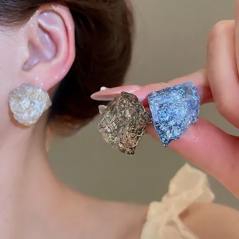 Irregular Resin Stud Earrings With 925 Sterling Silver Earring Post Geometric Foil Glitter Aesthetic Jewelry For Women