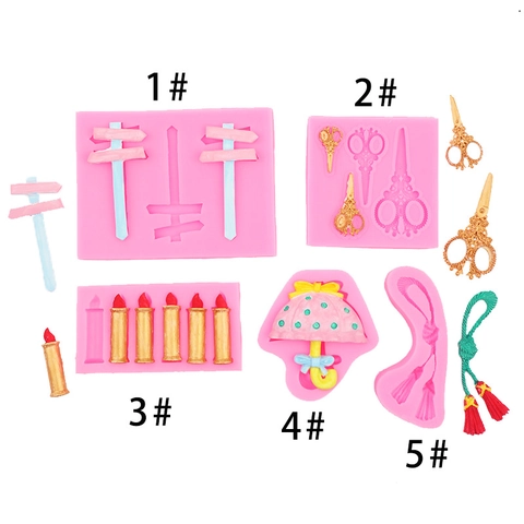 Silicone Molds Signboard Scissors Lipstick Candle Umbrella Tassel Shapes For Fondant Cake Chocolate Clay Craft Decorating