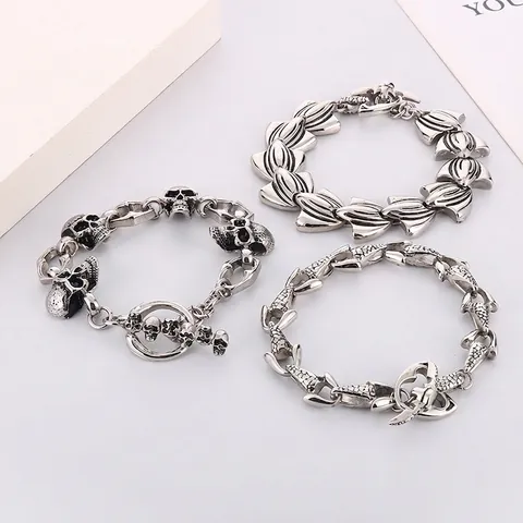 Bracciale A Catena Con Teschio E Scaglie Di Pesce Acciaio Inossidabile Distressed Retro Punk Gotico Gioielli Da Uomo