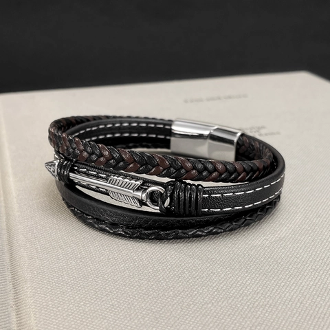 Bracciale Uomo In Pelle Intrecciata Multistrato Ciondolo Freccia In Acciaio Inossidabile Stile Punk Vintage Chiusura Magnetica