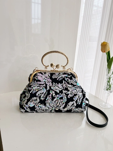 Sequin Evening Bag With Metal Tulip Handle Rhinestone Lock Retro Shell Handbag For Women Party Wedding Shoulder Purse