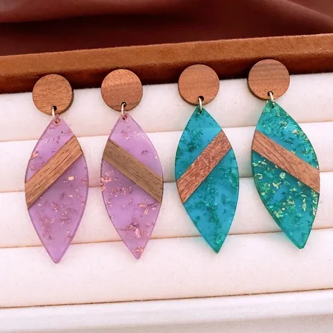 Geometric Leaf Drop Earrings Wood And Acrylic Gold Foil Patchwork With 925 Sterling Silver Earring Post For Women