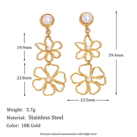 Orecchini Pendenti Con Perla Artificial E Fiore Traforato Acciaio Inossidabile 316L Placcato Oro 18K Gioielli Floreali