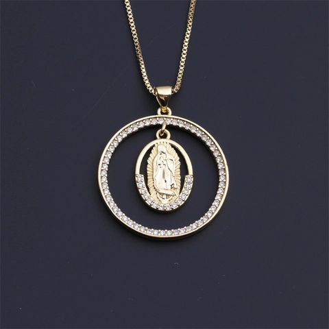 Collier Pendentif Notre Dame De Guadalupe Cuivre Plaqué Or Serti De Zircon Bijoux Religieux Pour Femmes