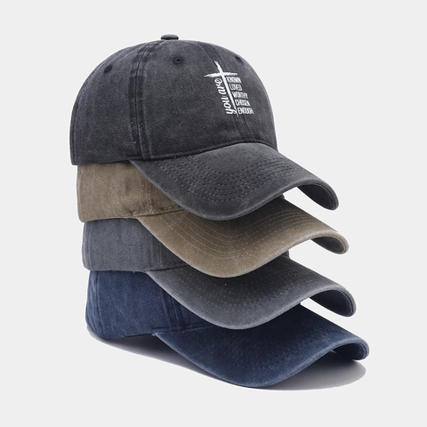 Washed Cotton Baseball Cap Vintage Distressed Sun Protection Hat With Cross Religious Print For Men Women Outdoor Casual
