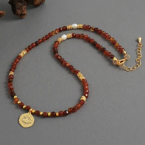 Vintage Natural Stone Beaded Necklace For Women Evil Eye Round Pendant Freshwater Pearl Handmade Boho Choker Jewelry Gift