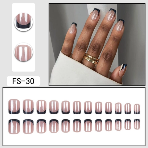 Unghie Finte Stile Francese Forma Quadrata Lucida Galvanizzata Punte Blu Scuro Geometriche Per Donne Manicure