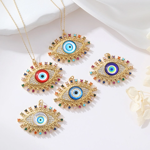 Pendentif Œil Maléfique Cuivre Plaqué Or 14K Zircon Émail Accessoires De Création De Bijoux DIY