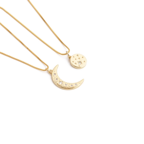 Elegante Collana Con Ciondolo Donna Rame Placcato Oro Zircone Luna Stella Geometrico Catena Scatola Accessori Moda Gioielli