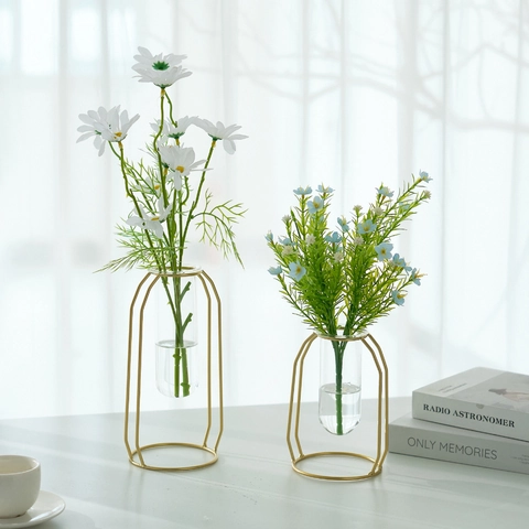 Nordic Geometric Metal Wire Vase With Glass Tube Modern Hydroponic Tabletop Artificial Flower Arrangement Home Decoration
