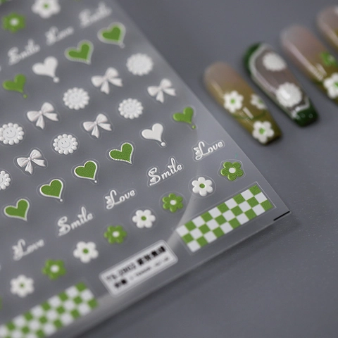5D Embossed Nail Art Stickers Green White Butterfly Heart Flower Ribbon Pattern Adhesive Manicure Decals