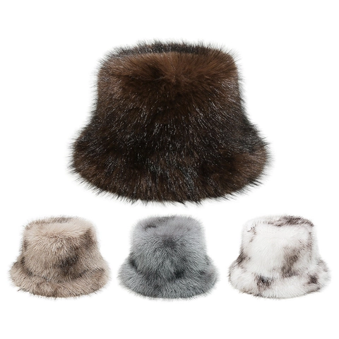 Women Faux Fur Bucket Hat Winter Warm Plush Thick Gradient Chic Windproof Outdoor Accessory