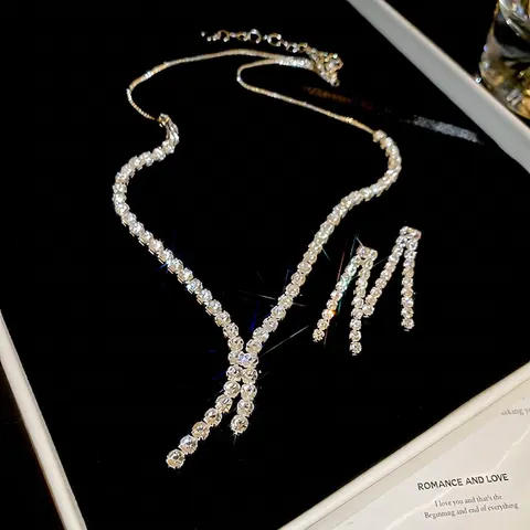 Collana E Orecchini Con Nappine In Zircone Rame Tono Argento Lusso Girocollo A Forma Di Y Eleganti Gioielli Da Sposa