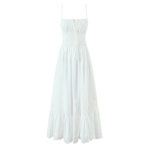Katoenen Spaghetti Strap Maxi Jurk Eyelet Kant Ruches Zoom Gesmokte Rug Mouwloos Zomer Strand Vakantie Voor Dames