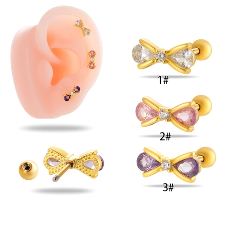 Bow Knot Cartilage Stud Earrings Titanium Steel Cubic Zirconia Screw Back Piercing Jewelry For Women Sweet Style