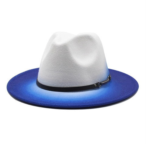 Cappello Fedora Feltro Di Lana Tesa Larga Gradiente Blocco Di Colore Con Cintura In Pelle Fibbia Metallo Stile Jazz Uomo Donna