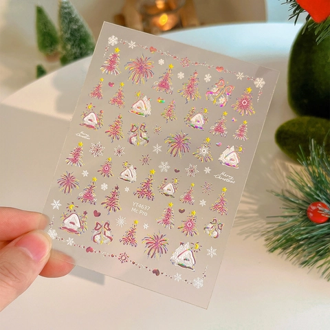 Laser Holographic Christmas Nail Stickers 3D Embossed Self Adhesive Snowflake Tree Firework Decals For DIY Manicure