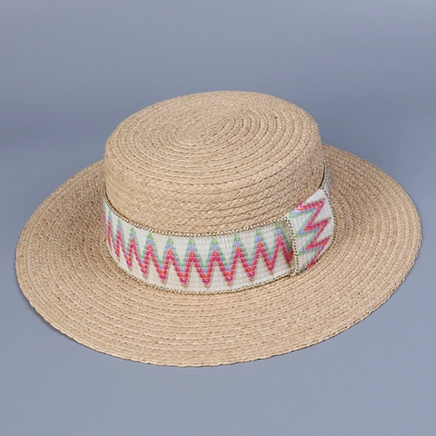 Damen Strohhut Raffia Flacher Deckel Breite Krempe Sommerurlaub Bohemien Zickzack Besticktes Band Sonnenschutz