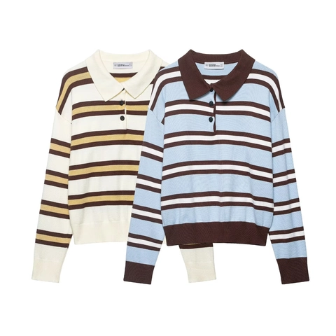 Maglione In Maglia A Righe Polo Da Donna Manica Lunga Poliere Acrilico Casual Top Con Mezza Bottoni