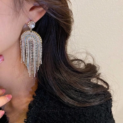 Long Tassel Fringe Rhinestone Faux Artificial Pearl Dangle Drop Earrings With 925 Sterling Silver Earring Post Luxury Party Jewelry