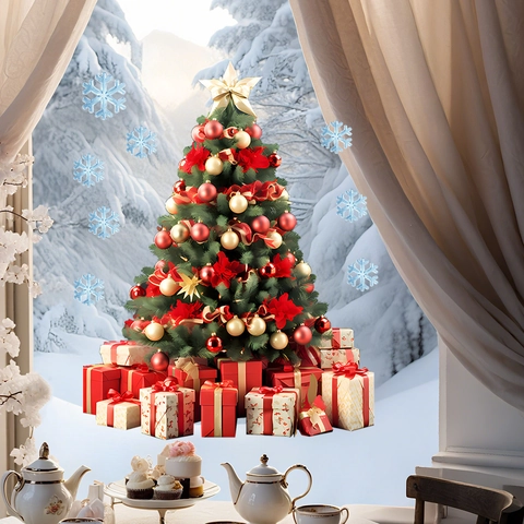 Christmas Tree Window Stickers PVC Static Cling Glass Decals For Xmas Party Home Shop Window Decoration Reusable Waterproof