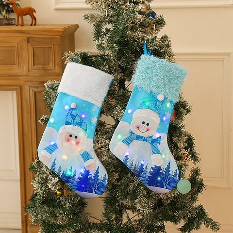 Calcetines De Navidad LED Luminoso Bolsas De Regalo Azul Tela Felpa Papá Noel Y Muñeco De Nieve Adorno Decoración