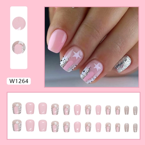 Ongles À Presser Motif Étoile Rose Blanc Paillettes Argentées Forme Ballet Court Faux Ongles