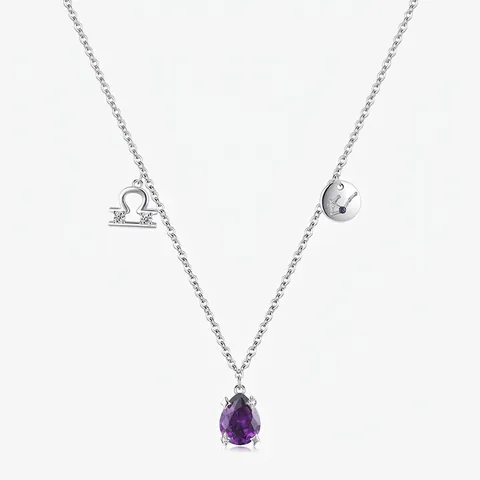 Libra Zodiac Necklace 925 Sterling Silver Purple Waterdrop Zircon Pendant Simple Elegant Jewelry For Women