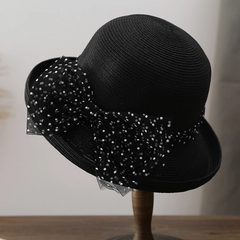 Cappello Di Paglia Donna Estate Vintage Francese Elegante Fiocco Pizzo Pois Cloche Protezione Solare Spiaggia Viaggio