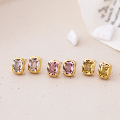 Geometric Rectangle Emerald Cut Zircon Stud Earrings Titanium Steel 14K Gold Plated Simple Retro Jewelry For Women