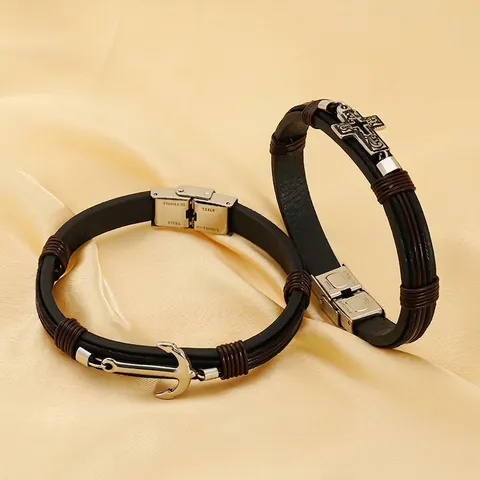 Bracelet En Cuir Tressé Hommes Femmes Acier Inoxydable Croix Ancre Multi Couches Vintage Religieux Nautique Punk Bijoux