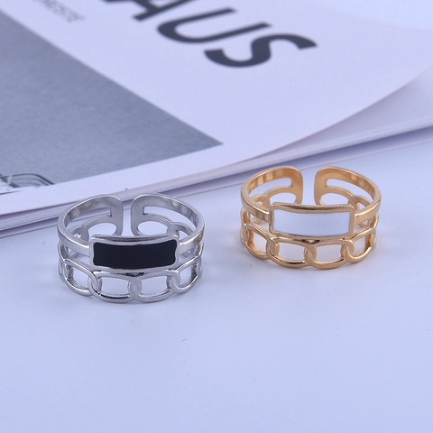 Anillo Abierto De Acero Inoxidable Vintage Para Mujer Ajustable Chapado En Oro De 18K Cadena Hueca Esmalte Geométrico Minimalista