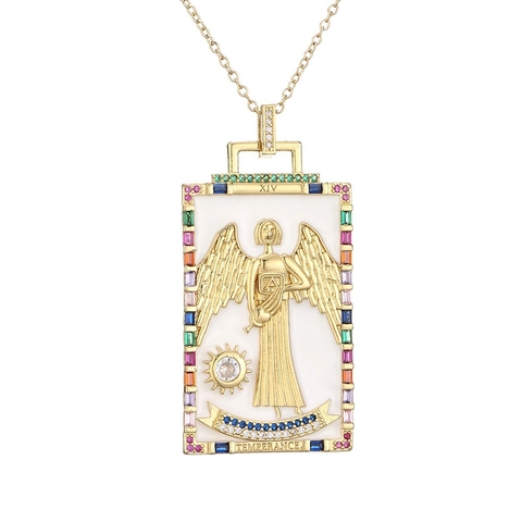 Tarot Card Pendant Necklace Copper Colorful Zircon Enamel Angel Sun Vintage Clavicle Chain Jewelry For Women Fashion
