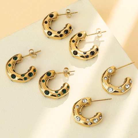 Franse Luxe C-Vorm Hoop Oorbellen Roestvrij Staal Met Zirkonia 14K Verguld Dikke Geometrische Oorknopjes Dames