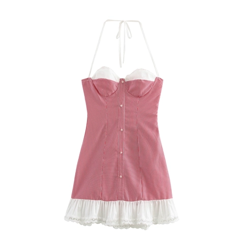 Striped Halter Dress Red White Backless Lace Trim Ruffle Hem Mini Sleeveless Sweet French Style Women Summer Outfit