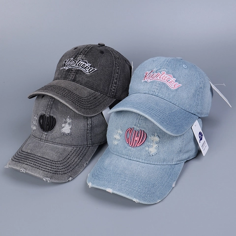 Cappello Da Baseball In Denim Distressed Ricamo Cuore Lettera Cappello Da Sole Retro Lavato Cotone Regolabile Per Donna
