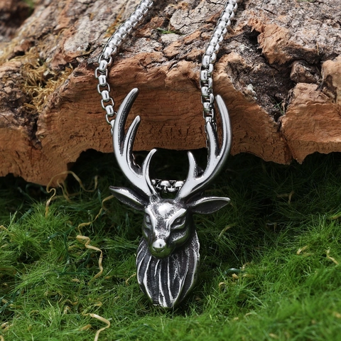 Collar Con Colgante De Cabeza De Ciervo Vikingo Retro Acero Inoxidable Joyería Animal Para Hombres Gótico Tono Plata